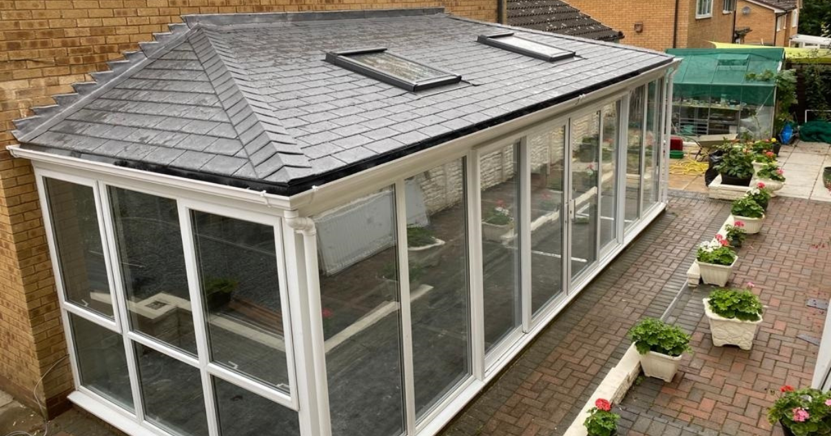 Conservatory after a conservatory transformation with a Double Hipped style.